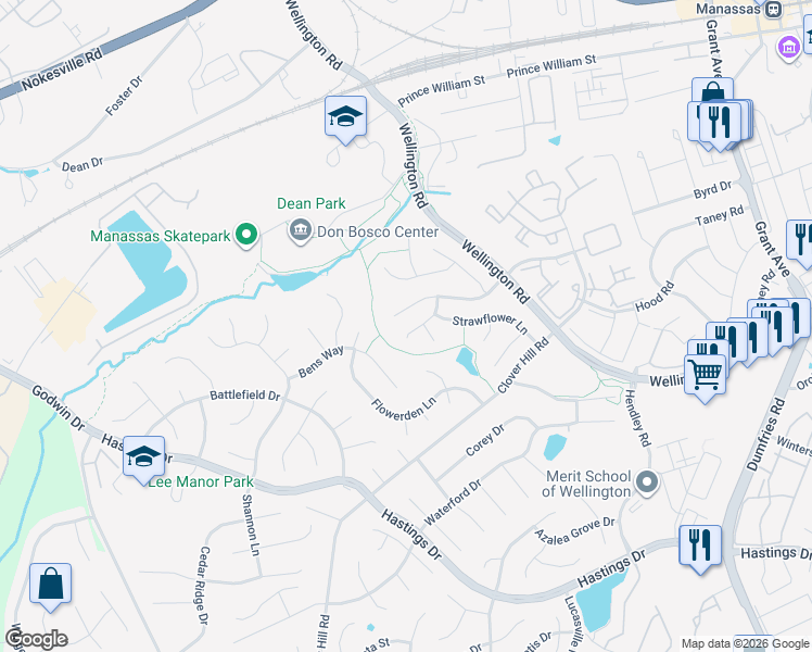 map of restaurants, bars, coffee shops, grocery stores, and more near 9352 Gloxinia Way in Manassas