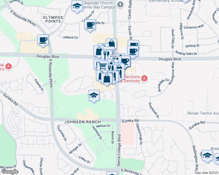 map of restaurants, bars, coffee shops, grocery stores, and more near 8680 County Route E3 in Roseville