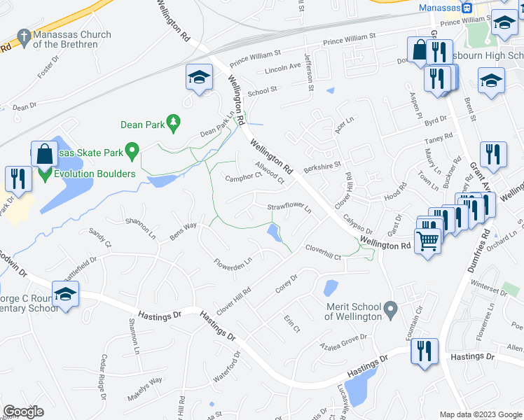 map of restaurants, bars, coffee shops, grocery stores, and more near 10154 Strawflower Lane in Manassas