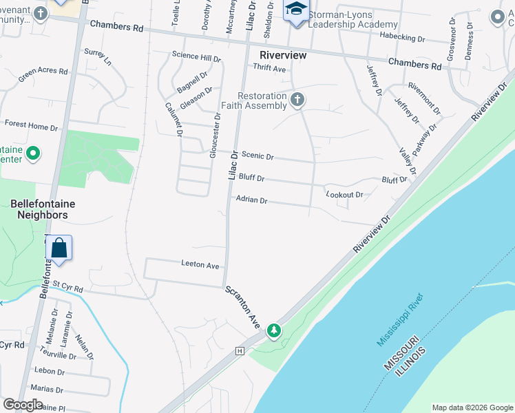 map of restaurants, bars, coffee shops, grocery stores, and more near 466 Adrian Drive in St. Louis