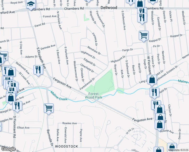 map of restaurants, bars, coffee shops, grocery stores, and more near 1015 Forestwood Drive in Ferguson