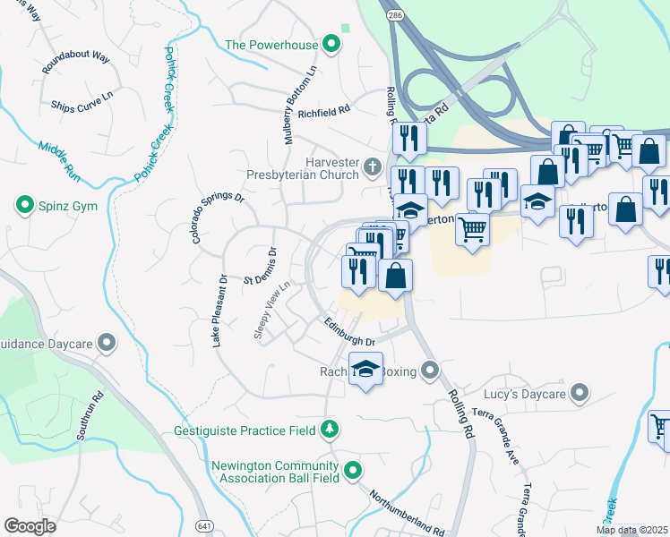 map of restaurants, bars, coffee shops, grocery stores, and more near 8009 Revenna Lane in Springfield