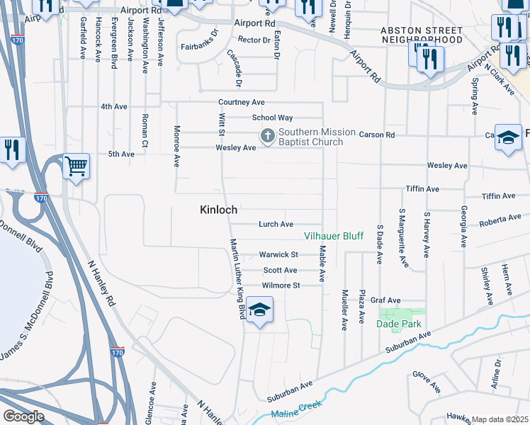 map of restaurants, bars, coffee shops, grocery stores, and more near 8132 Scudder Road in Kinloch