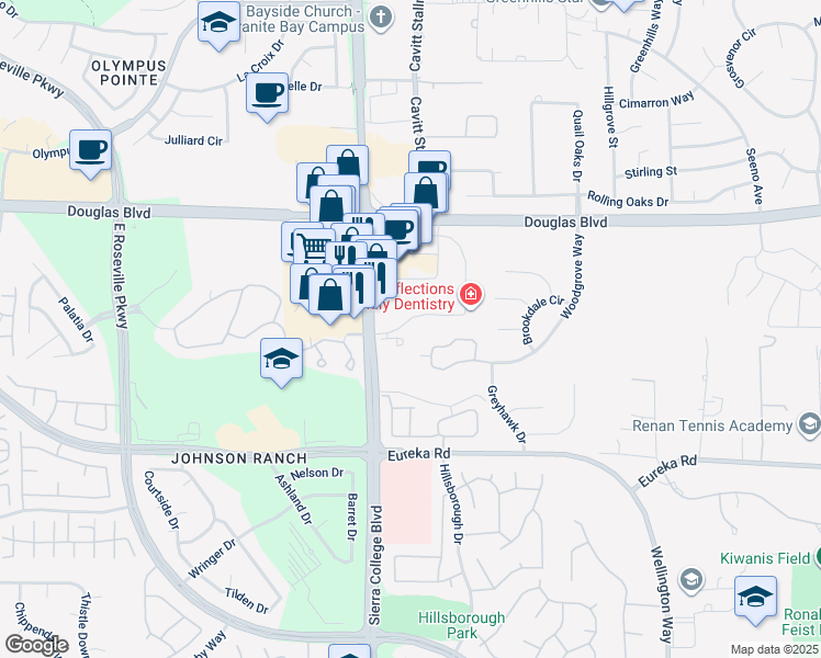 map of restaurants, bars, coffee shops, grocery stores, and more near 8775 Sierra College Boulevard in Roseville