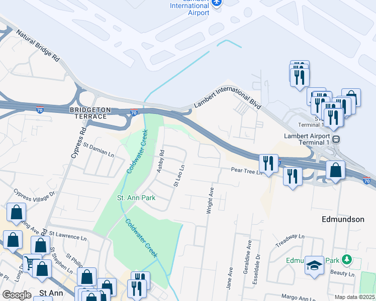 map of restaurants, bars, coffee shops, grocery stores, and more near 11001 Saint Pius Lane in Saint Ann