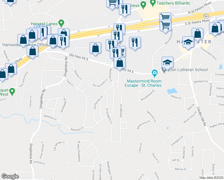 map of restaurants, bars, coffee shops, grocery stores, and more near 1443 Ramona Lane in Saint Charles