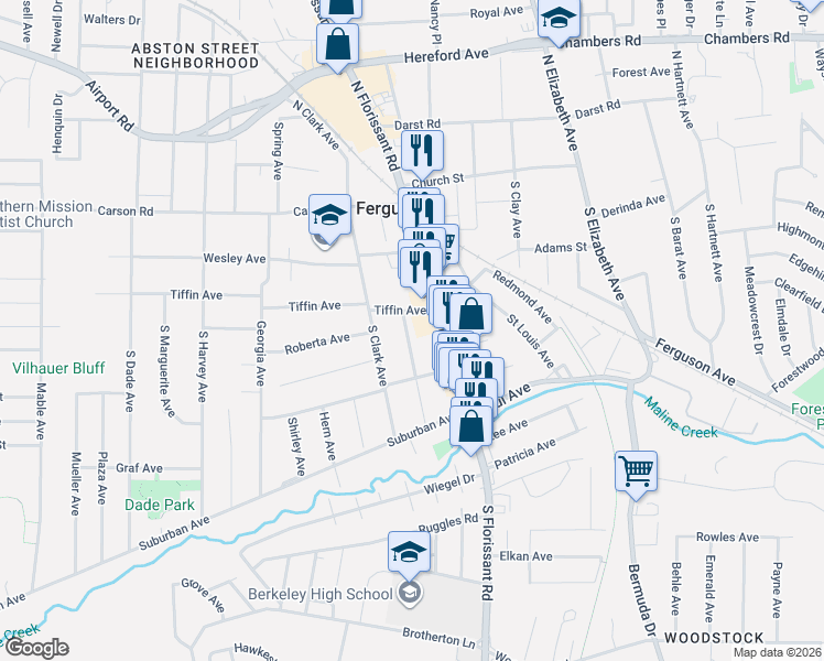 map of restaurants, bars, coffee shops, grocery stores, and more near 216 Harrison Avenue in Ferguson