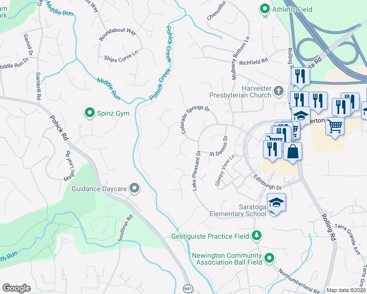 map of restaurants, bars, coffee shops, grocery stores, and more near 8007 Rockwood Court in Springfield