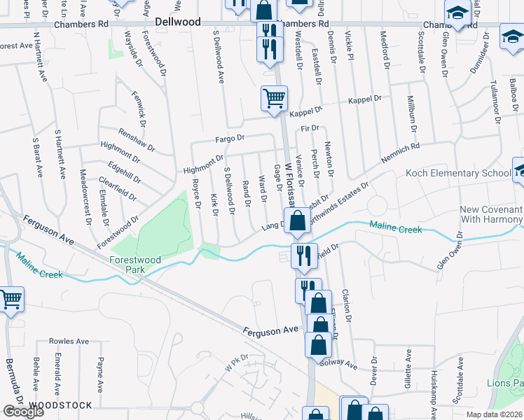 map of restaurants, bars, coffee shops, grocery stores, and more near 325 Ward Drive in Ferguson