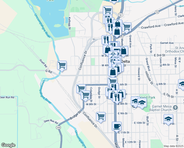 map of restaurants, bars, coffee shops, grocery stores, and more near 404 West 5th Street in Delta