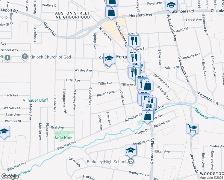 map of restaurants, bars, coffee shops, grocery stores, and more near 225 Roberta Avenue in Ferguson