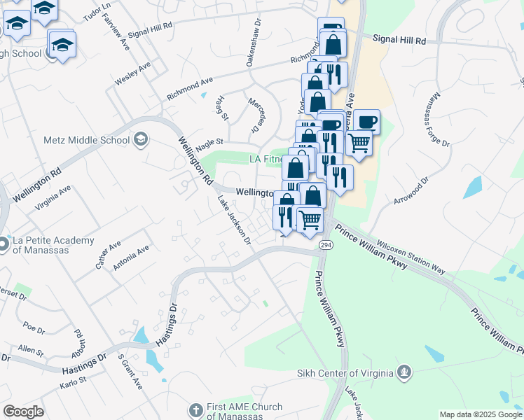 map of restaurants, bars, coffee shops, grocery stores, and more near 9963 Leander Lane in Manassas