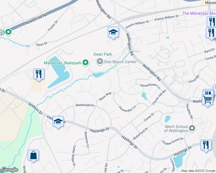 map of restaurants, bars, coffee shops, grocery stores, and more near 9512 Vinnia Court in Manassas