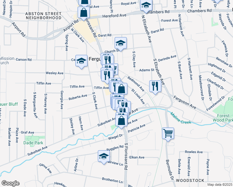 map of restaurants, bars, coffee shops, grocery stores, and more near 244 South Florissant Road in Ferguson