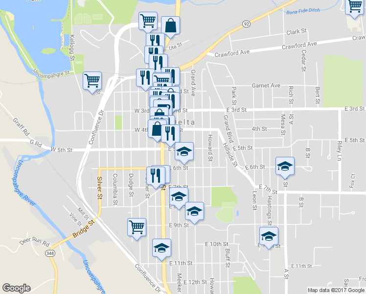 map of restaurants, bars, coffee shops, grocery stores, and more near 515 Meeker Street in Delta