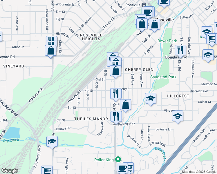 map of restaurants, bars, coffee shops, grocery stores, and more near 219 B Street in Roseville