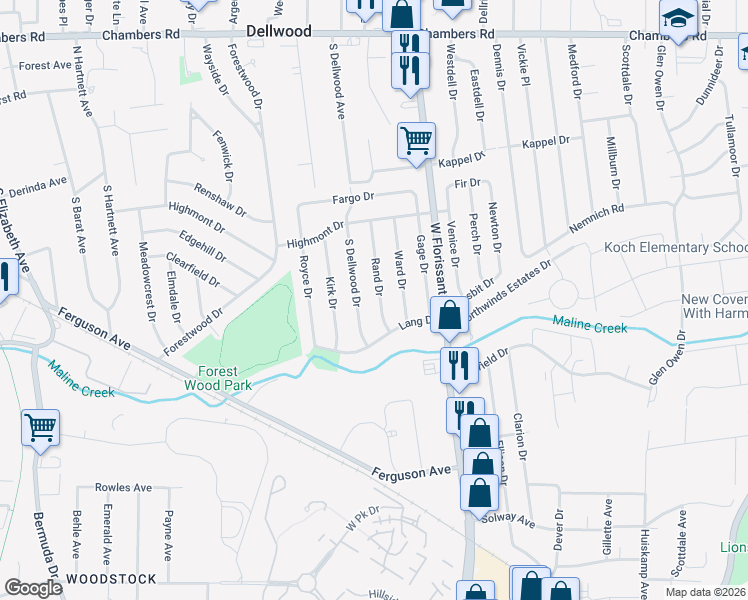 map of restaurants, bars, coffee shops, grocery stores, and more near 318 South Dellwood Avenue in Ferguson