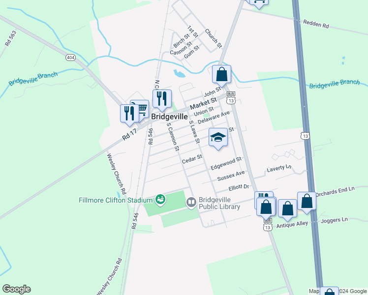 map of restaurants, bars, coffee shops, grocery stores, and more near 311 Walnut Street in Bridgeville