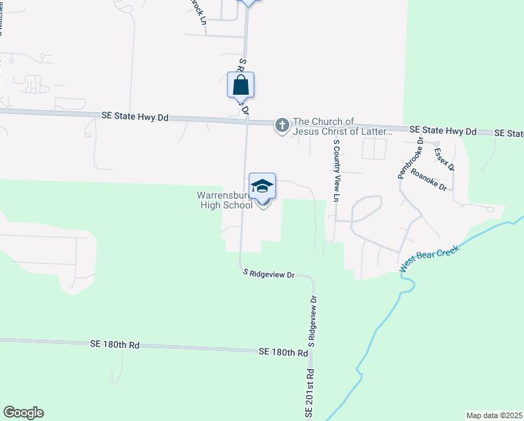 map of restaurants, bars, coffee shops, grocery stores, and more near 1411 South Ridgeview Drive in Warrensburg