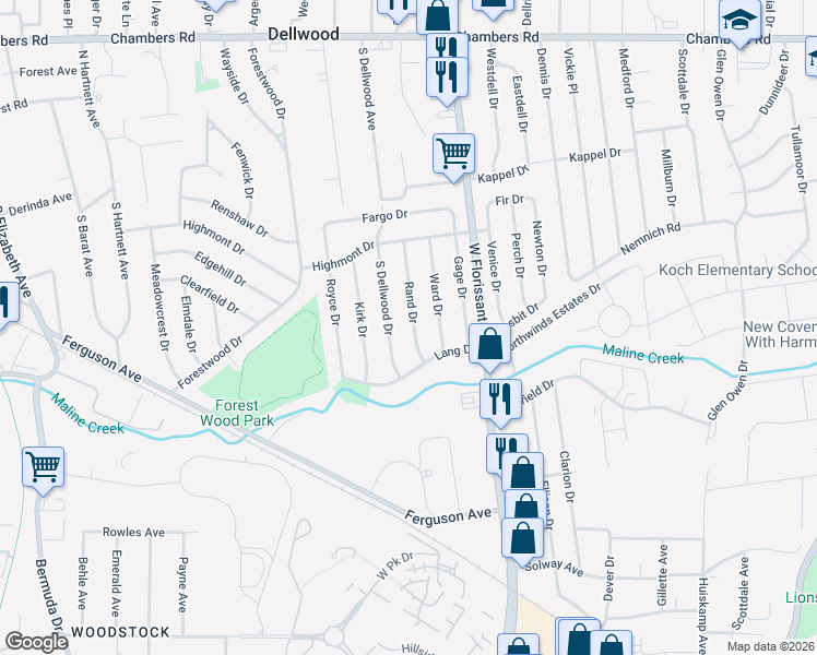 map of restaurants, bars, coffee shops, grocery stores, and more near 318 South Dellwood Avenue in Ferguson