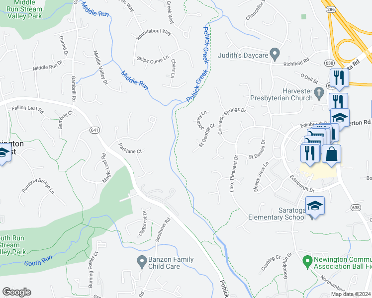 map of restaurants, bars, coffee shops, grocery stores, and more near 7938 Saint George Court in Springfield