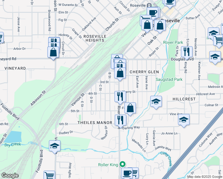 map of restaurants, bars, coffee shops, grocery stores, and more near 219 B Street in Roseville