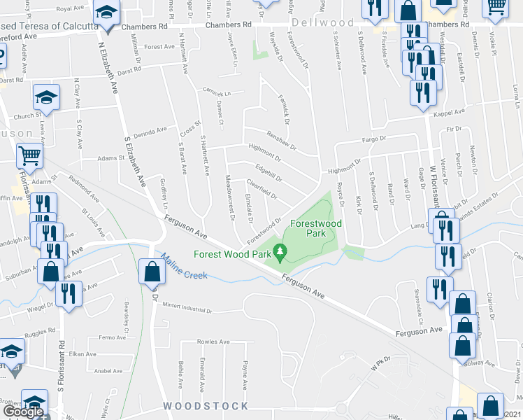 map of restaurants, bars, coffee shops, grocery stores, and more near 283 Dashwood Drive in Ferguson