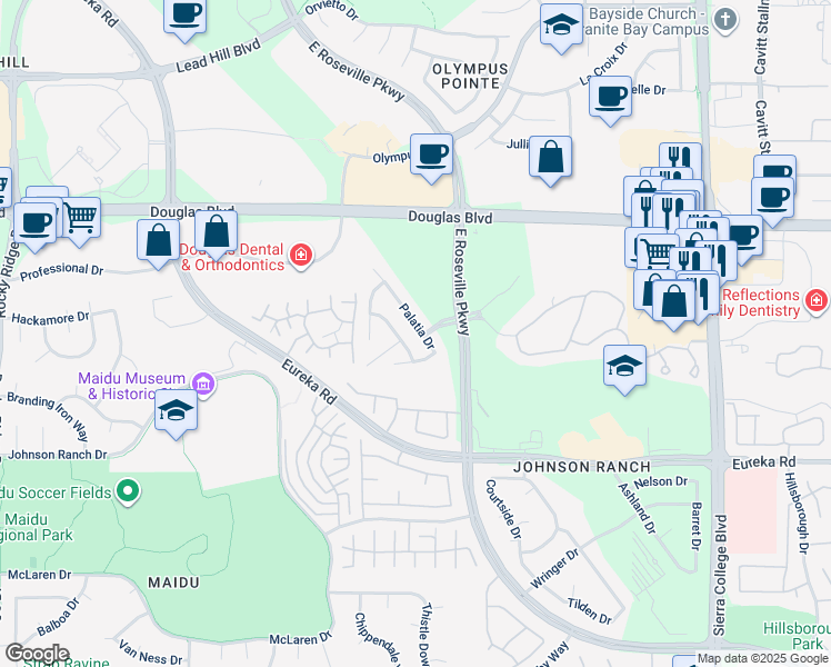 map of restaurants, bars, coffee shops, grocery stores, and more near 1627 Palatia Drive in Roseville