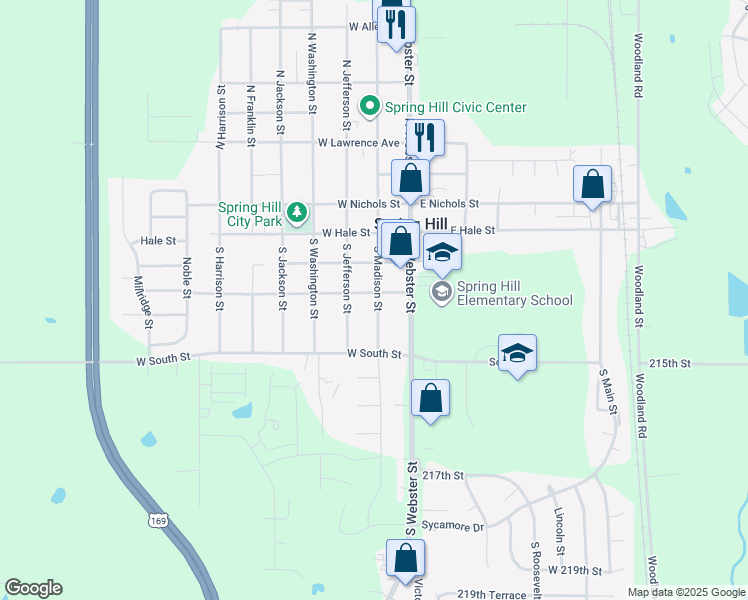 map of restaurants, bars, coffee shops, grocery stores, and more near 401 S Madison St in Spring Hill