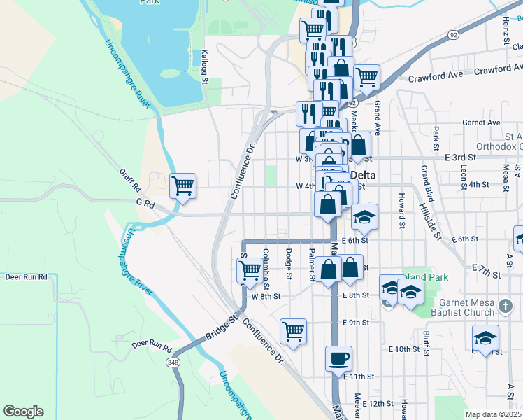 map of restaurants, bars, coffee shops, grocery stores, and more near 404 W 5th St in Delta