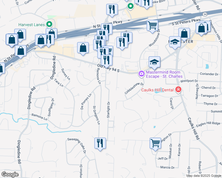 map of restaurants, bars, coffee shops, grocery stores, and more near 886 Starlight Drive in Saint Charles