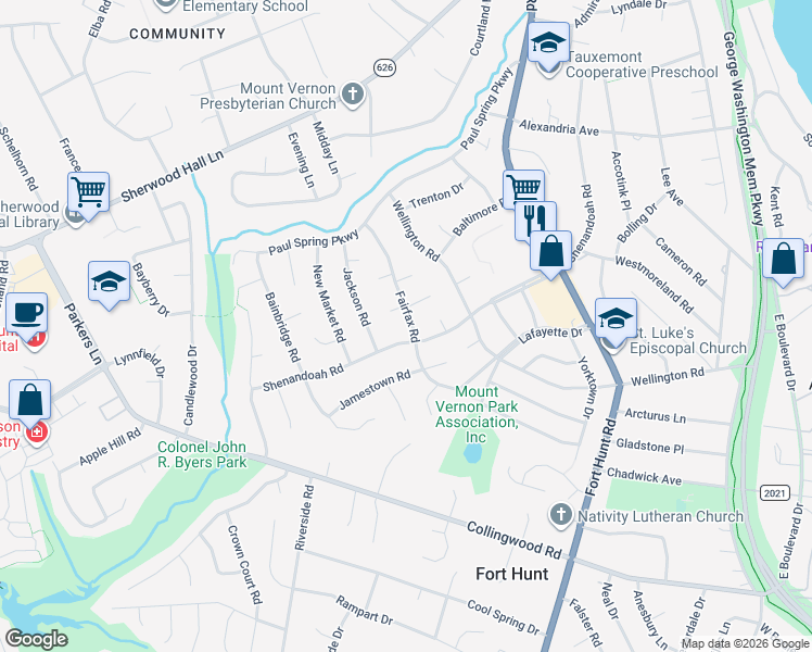 map of restaurants, bars, coffee shops, grocery stores, and more near 8004 Fairfax Road in Alexandria