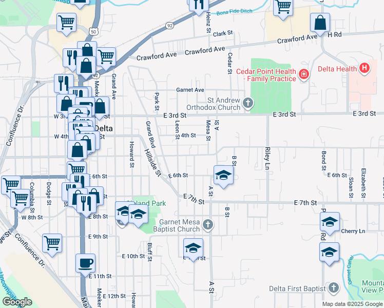 map of restaurants, bars, coffee shops, grocery stores, and more near 715 East 5th Street in Delta