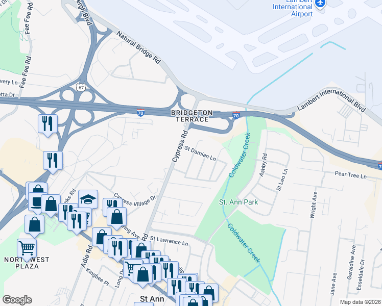 map of restaurants, bars, coffee shops, grocery stores, and more near 11258 Saint Damian Lane in Saint Ann