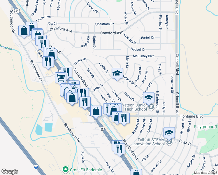 map of restaurants, bars, coffee shops, grocery stores, and more near 69 Hayes Drive in Colorado Springs