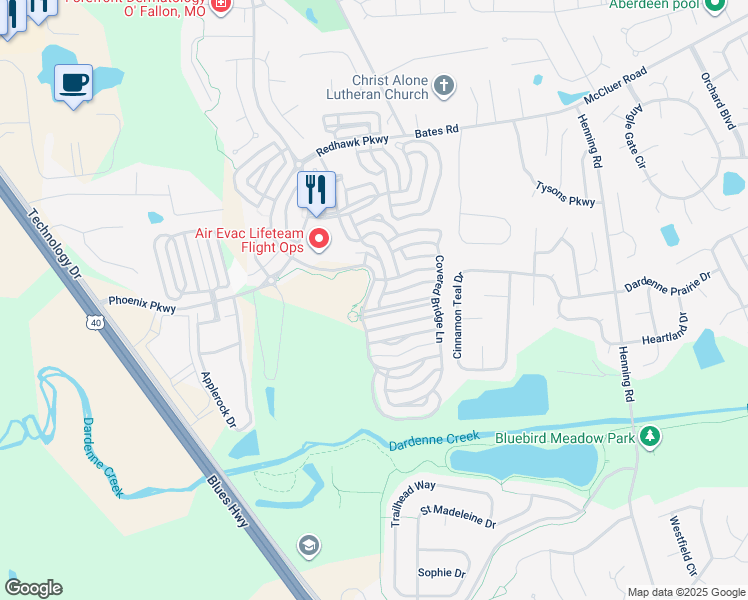 map of restaurants, bars, coffee shops, grocery stores, and more near 837 Boardwalk Springs Place in O'Fallon
