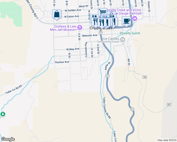 map of restaurants, bars, coffee shops, grocery stores, and more near 36 Whalen Avenue in Cripple Creek
