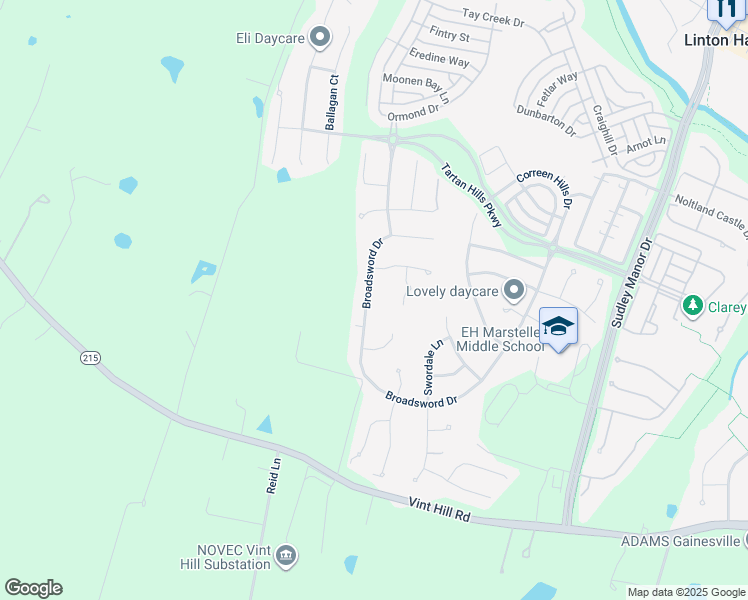 map of restaurants, bars, coffee shops, grocery stores, and more near 10144 Broadsword Drive in Bristow