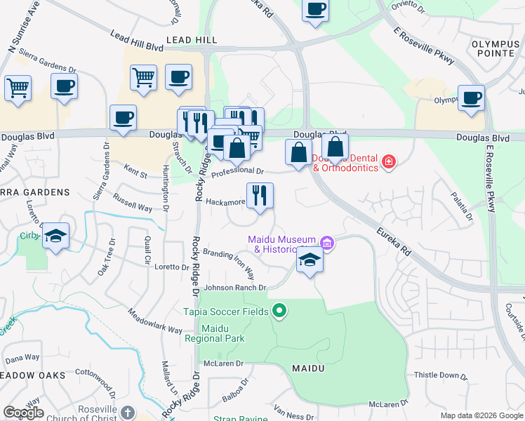 map of restaurants, bars, coffee shops, grocery stores, and more near 1530 Lariat Loop in Roseville
