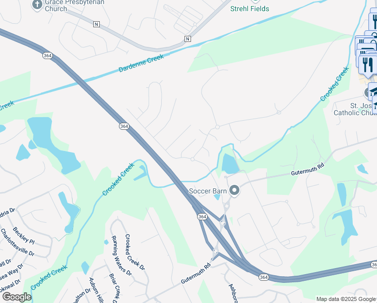 map of restaurants, bars, coffee shops, grocery stores, and more near 2008 Butte Trail Court in Cottleville