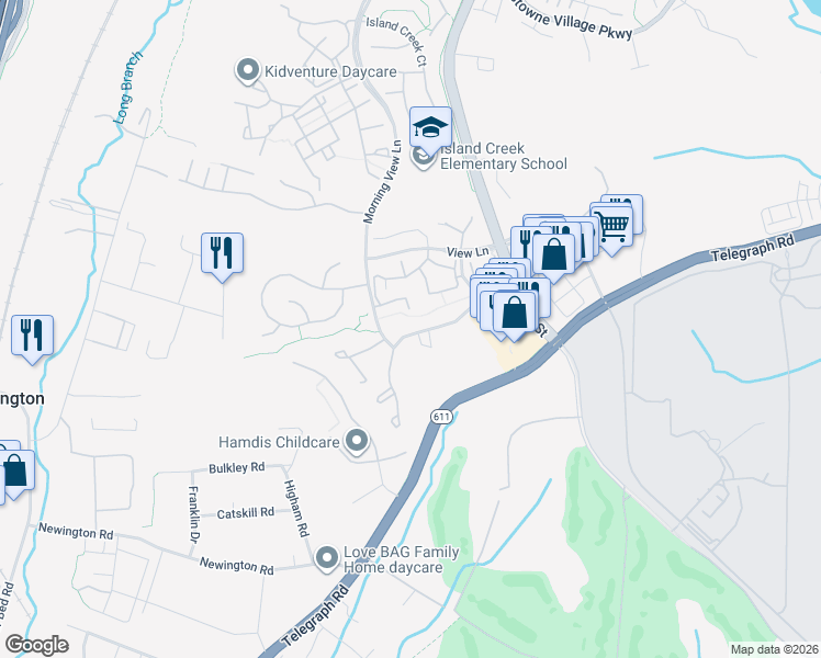 map of restaurants, bars, coffee shops, grocery stores, and more near 6582 Morning Meadow Drive in Alexandria
