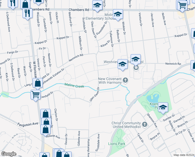map of restaurants, bars, coffee shops, grocery stores, and more near 9551 Glen Owen Drive in St. Louis