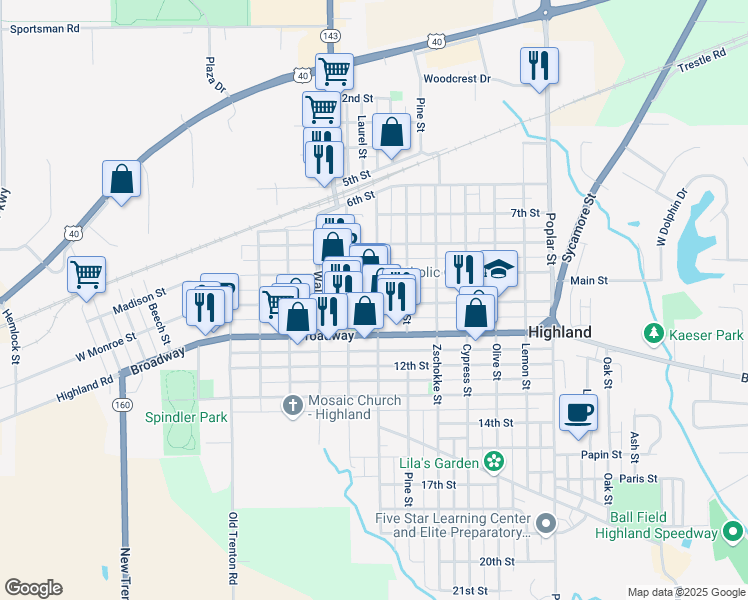 map of restaurants, bars, coffee shops, grocery stores, and more near 923 Main Street in Highland