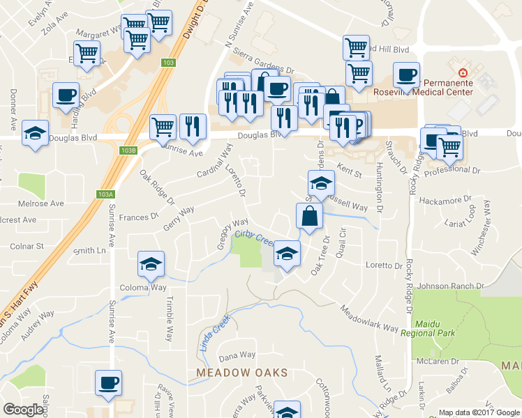 map of restaurants, bars, coffee shops, grocery stores, and more near 1604 Kit Carson Way in Roseville