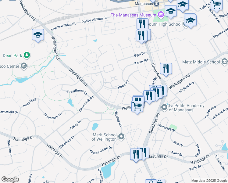 map of restaurants, bars, coffee shops, grocery stores, and more near 9283 Veridan Drive in Manassas