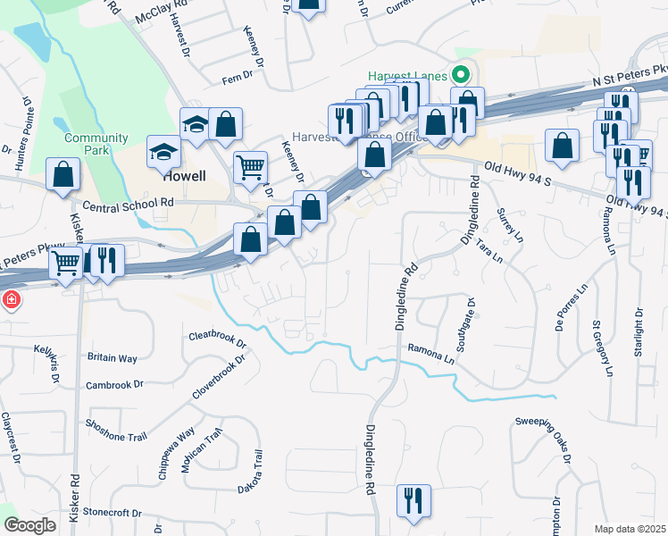 map of restaurants, bars, coffee shops, grocery stores, and more near 1510 Park Ashwood Court in St. Peters