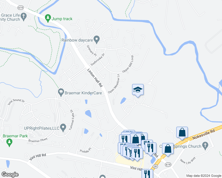 map of restaurants, bars, coffee shops, grocery stores, and more near 12184 Open Meadow Lane in Bristow