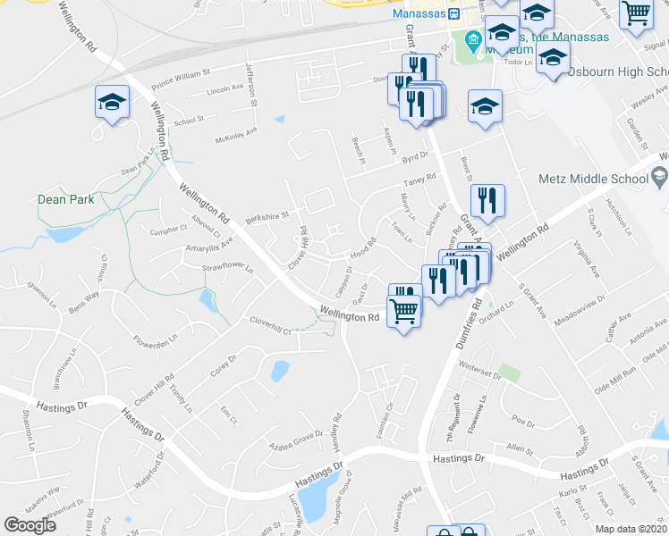 map of restaurants, bars, coffee shops, grocery stores, and more near 9283 Veridan Drive in Manassas
