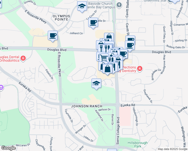 map of restaurants, bars, coffee shops, grocery stores, and more near 8670 Sierra College Boulevard in Roseville