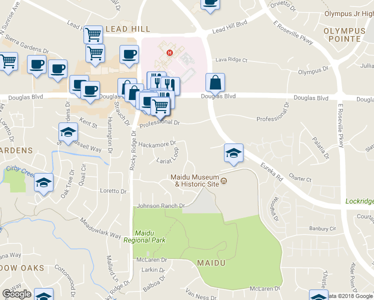 map of restaurants, bars, coffee shops, grocery stores, and more near 1201 Hampshire Court in Roseville